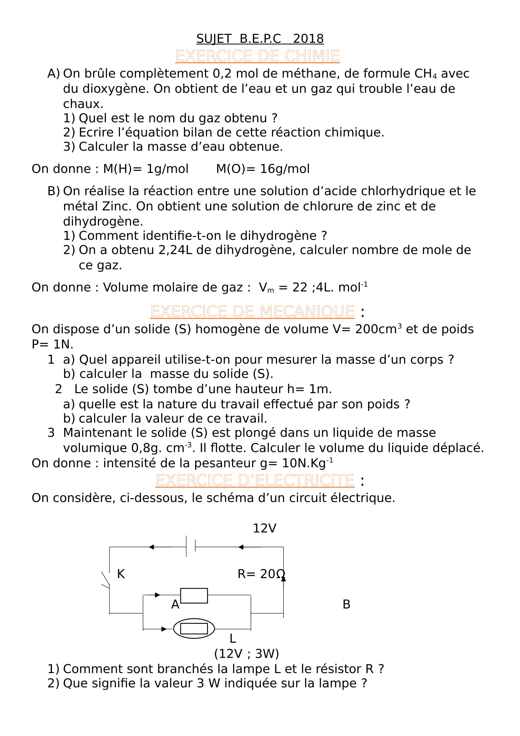 Sujet Brevet Physique-chimie Avec Corrigé Pdf 2018